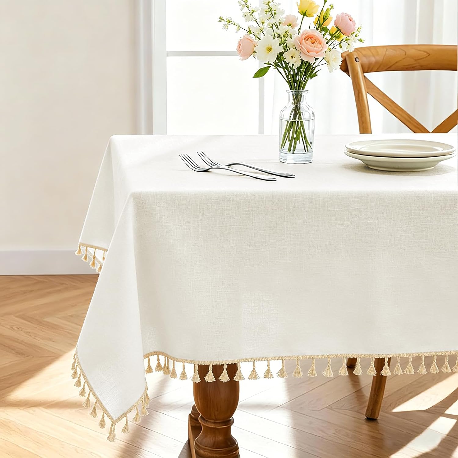Waterproof Textured Tablecloth with Tassel Trim