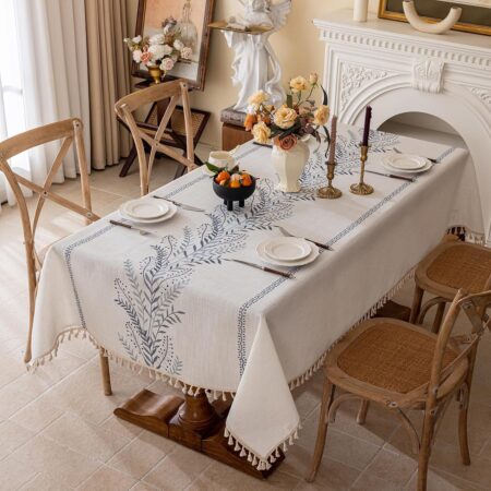 Embroidered Linen Tablecloth with Tassel Trim