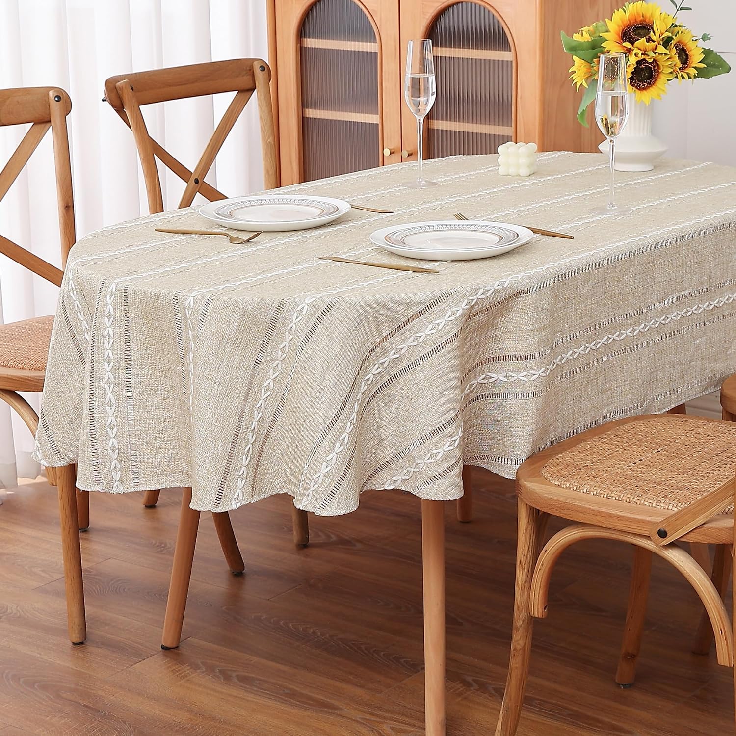 Striped Cotton Linen Oval Tablecloth